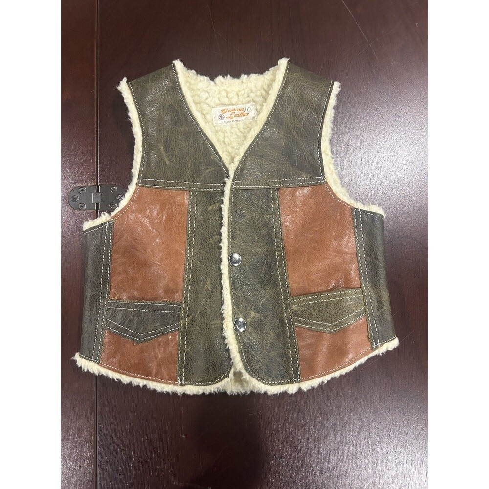 Vintage Genuine Leather Kids Sherpa Button Up Vest Size 10 Made In Mexico